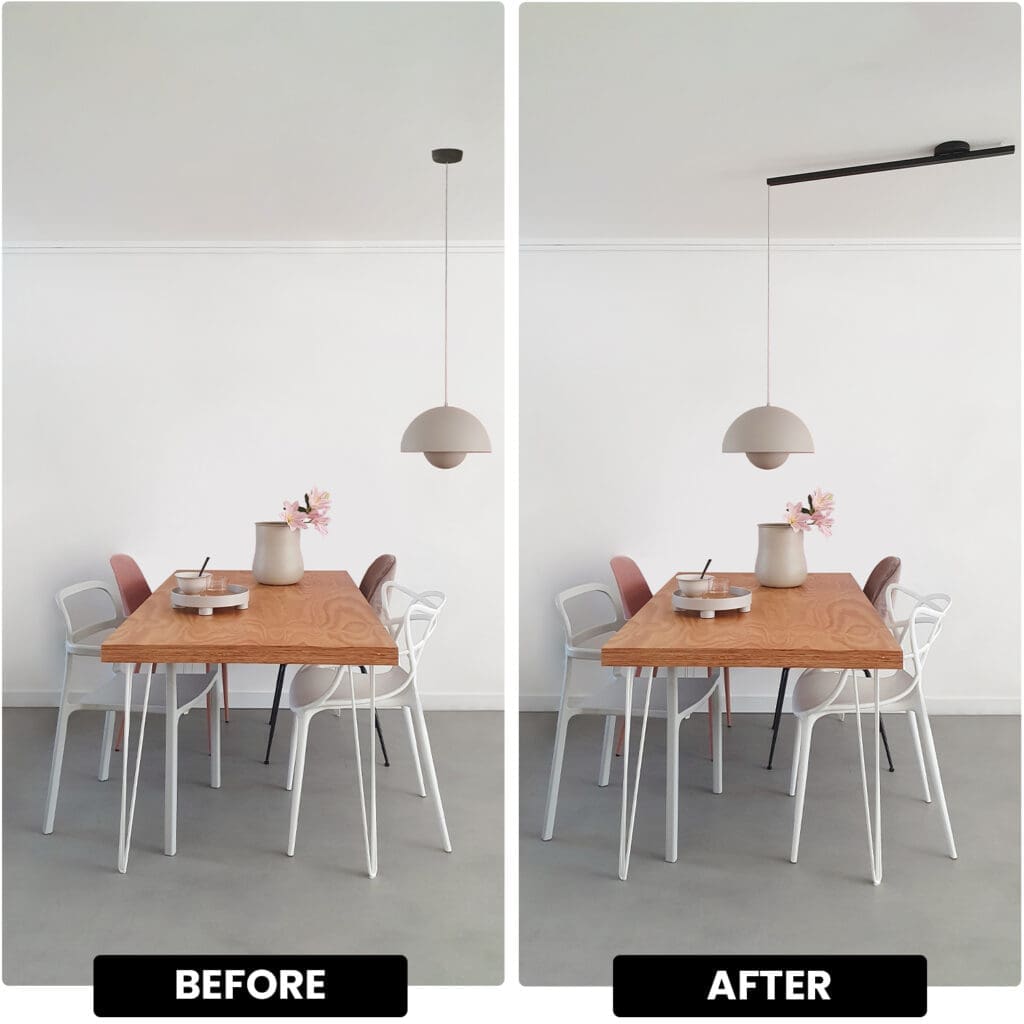 Photo partagée avec un avant et un après de la table à manger avec une lampe suspendue au-dessus avant et ensuite deux lampes suspendues à cause de l'éclairage après.