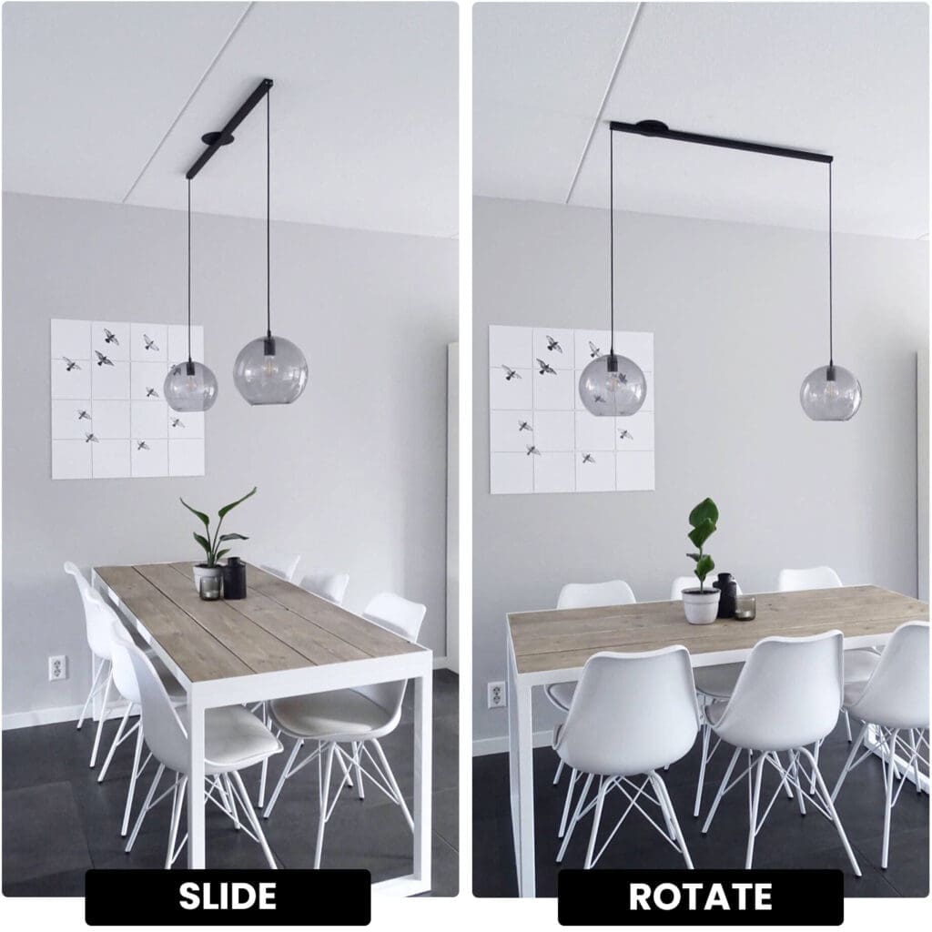 Photo partagée avec un avant et un après de la table à manger avec une lampe suspendue au-dessus avant et ensuite deux lampes suspendues à cause de l'éclairage après.